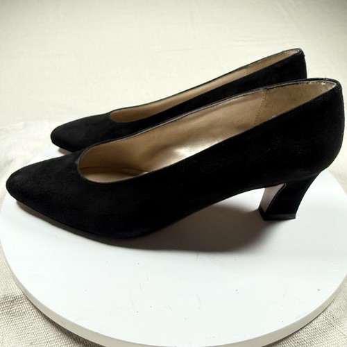 Talbots Shoes Women 8M Black Suede Leather Chunk Heels Slip On Italy - Picture 3 of 11