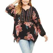 MSRP $70 Style & Co. Womens Plus Floral Print Split Neck Blouse Black Size 0X