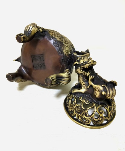 17cm antique old Bronze Signed lucky dragon lion Statue Incense Burners Censer - Picture 5 of 9