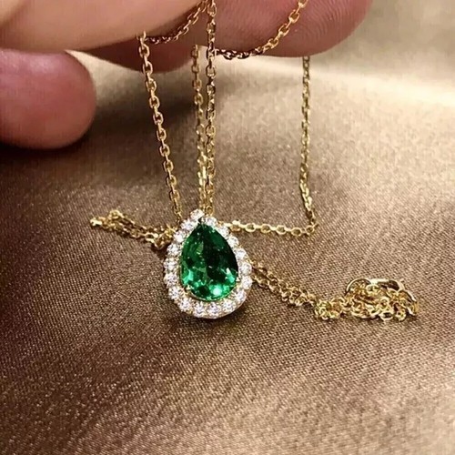 1.50Ct Pear Cut Lab Created Green Emerald Halo Pendant 14K Yellow Gold Plated - Picture 6 of 6