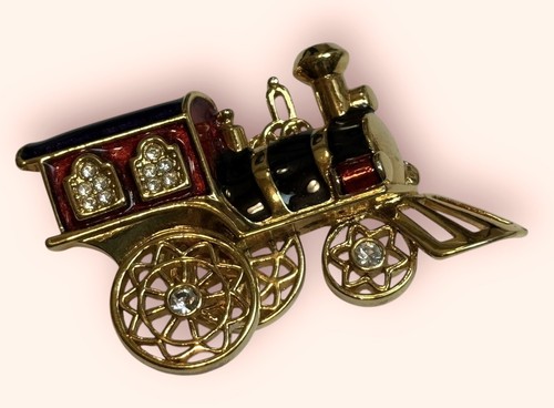 SIGNED Smithsonian TOY TRAIN  Grand Duke Enamel Crystal LOCOMOTIVE PIN Brooch - Picture 2 of 6