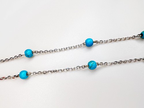 14K White Gold Round Turquoise Beaded Station Chain Necklace /3.6grams /17inches - Picture 8 of 11