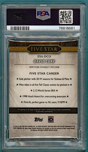 2021 Topps Five Star David Cone Autograph Blue /25 #FSADCO PSA 9/10! Yankees! - Picture 2 of 2