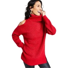 I.N.C. Women Red Sparkle Cold Shoulder Turtleneck Neck Holiday Tunic Sweater XL