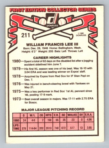Bill Lee Pitcher Montreal Expos Donruss 1981 First Edition Card 211 - Picture 3 of 12