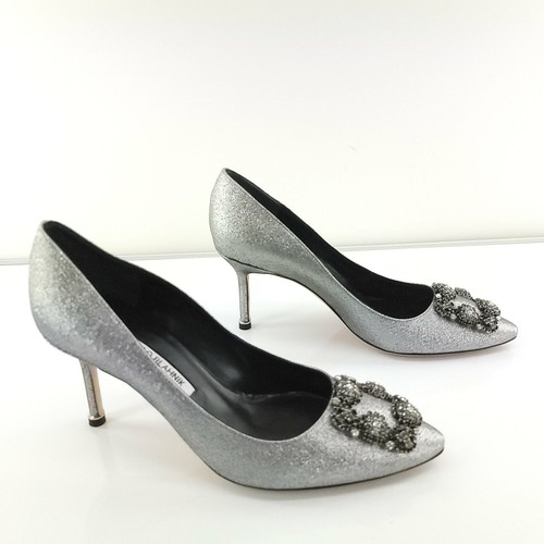 Manolo Blahnik Metallic Silver Hangisi 80 mm Notturno SZ 38 Pointy Glitter $1085 - Picture 12 of 12