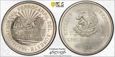 1950 Mo PCGS MS66 Mexico Silver 5 Peso Southeastern Railroad KM-466 Coin