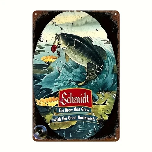 Vintage Tin Metal Signs Home Décor 8x12 Rustic Beer Poster with Bass Fish Illust