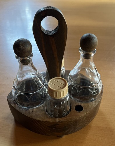 Menage 5 tlg. Essig Öl Salz Pfeffer Holz Glas Unbenutzt Neuwertig - Bild 1 von 10