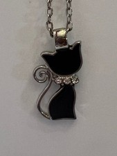 Children  s Black Cat Rhinestone Pendant Necklace Silver Chain Fashion Jewelry