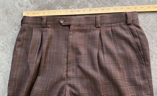 VTG Men’s Baggy Wide Pleated Brown Check Suspender Flannel Pants 38x32 10.5” Leg - Picture 4 of 16