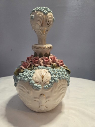 Vintage Reina Califa? Bone China Perfume Bottle Forget Me Not Flowers W/ Stopper - Picture 2 of 11