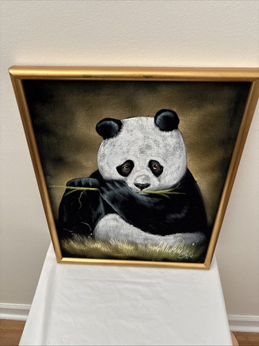 Vtg Framed Black Velvet Painting Panda Bear Signed by Ortiz 21 x 17 - Picture 3 of 5