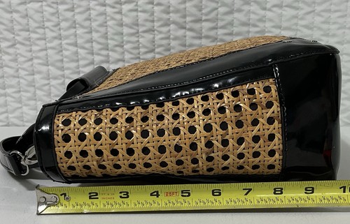 White House Black Market Bamboo Woven Bag Black Patent Trim Shoulder Tote Purse - Picture 5 of 13