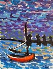 MONA VIVAR Original 12x9 Night Boat Colorful Fauvism Abstract Fine Art Painting