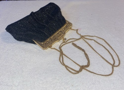VTG Whiting & Davis Black Beaded Purse Gold Frame Rhinestone USA MADE Pristine
