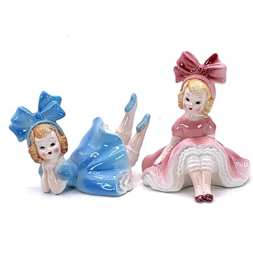 Vintage Lefton Big Bow Girl Figuren rosa sitzend blau liegend H4038 Japan