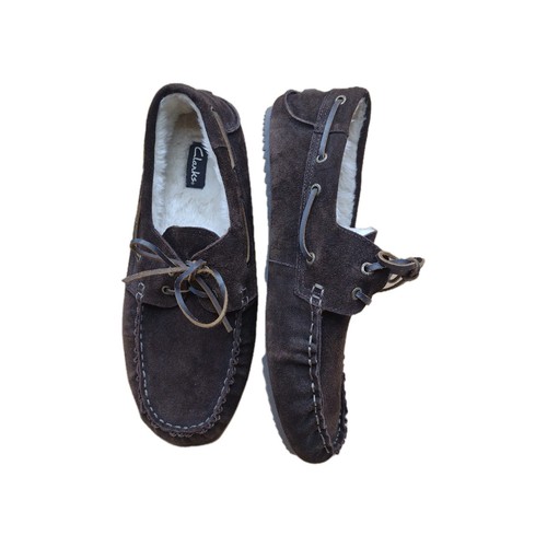 Clarks Herren Braun Wildleder Hausschuhe Mokassin Fell Gefüttert Schnürung Gr. 14 Opa