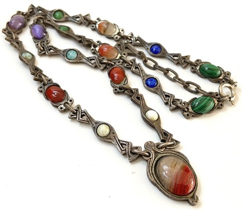Vintage Signed Miracle Lovely Mixed Imitation Glass Agate Panel Link Necklace