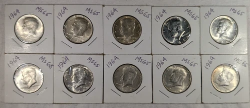 LOT OF 10 UNC 1964 KENNEDY HALF DOLLAR COINS $5 FACE VALUE UNCIRCULATED #88