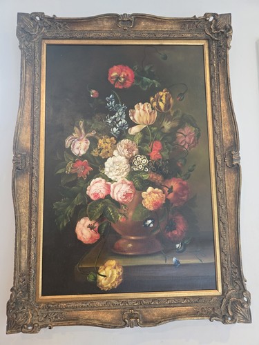 Splendido grande olio su tela con cornice in legno dorato ornato - bouquet floreale natura morta - Foto 9 di 11