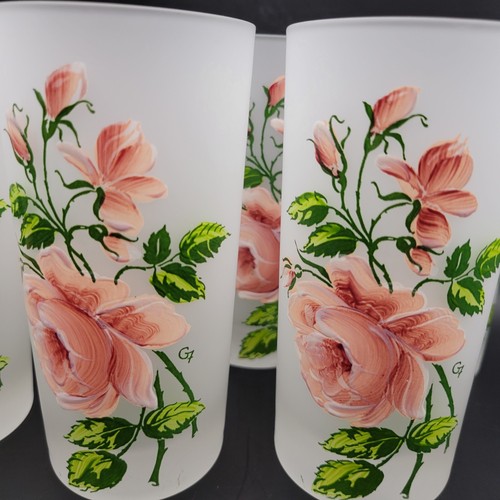 Federal Glass🍃🌸Painted Roses🌸🍃 12 oz Frosted Glass ~ 5 1/2" Tall - Set of 7 - Picture 16 of 17