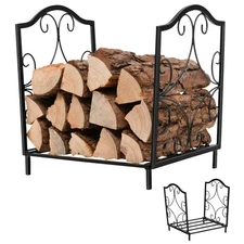 17" Decorative Firewood Rack Log Rack w/ Solid Base Board & Handle Black