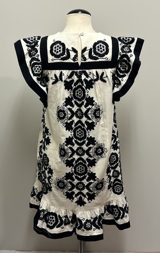 Sea New York Manuela Embroidered Flutter Sleeve Tunic Dress Cream/Black SZ M - Picture 11 of 17