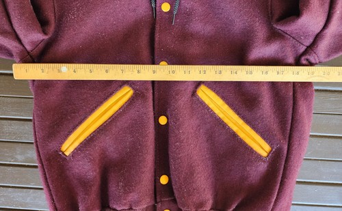 Vintage DeLong WOOL Letterman Jacket Adult BURGUNDY/GOLD Snap Button Zip Hood - Picture 11 of 22
