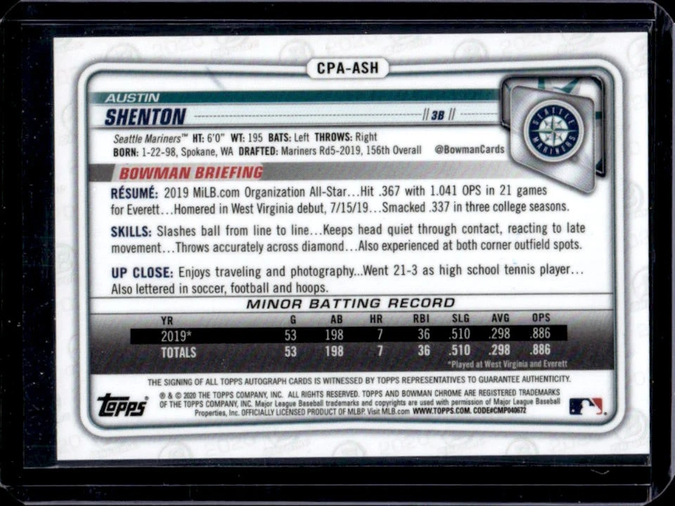 2020 Bowman Chrome Austin Shenton Auto Blue Refractor 1st #56/150 - Image 2 of 2