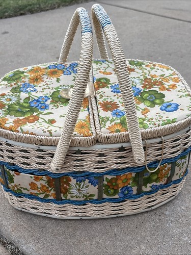 Vintage 70er Jahre Sears Best Nähkorb orange blau grün Blumenmuster Weide - Bild 7 von 15