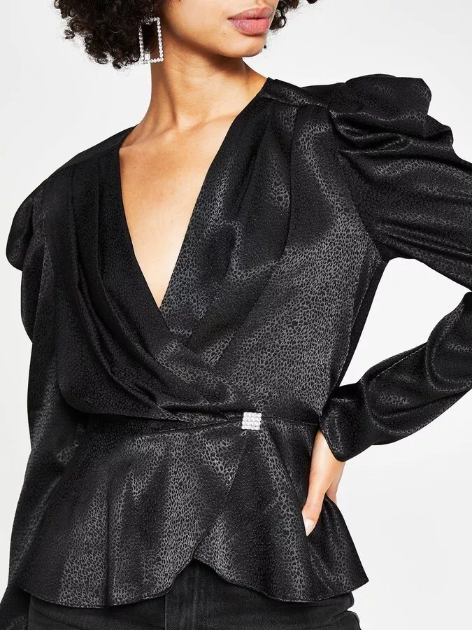 River Island Black Puff Sleeve Jacquard Peplum Blouse Size UK 8 RRP 32