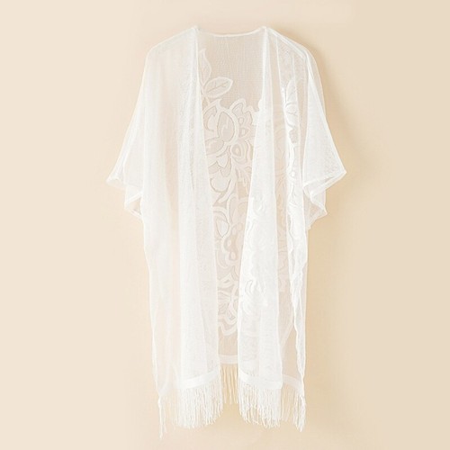 Womens Kimono Beach Cover Up Sheer Hollow-Out Cardigan Floral Tops Loose-Capes - Picture 3 of 9