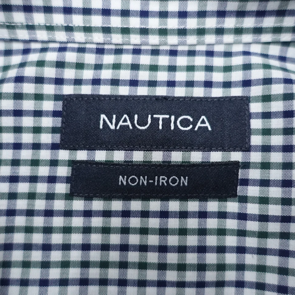 Camisa social masculina Nautica 17 32/33 azul branca xadrez sem ferro manga longa formal - Imagem 3 de 4