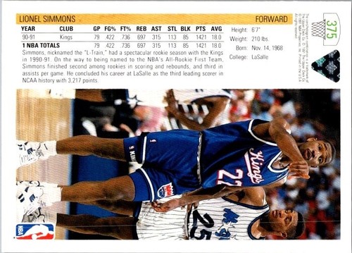 1991-92 Upper Deck - #375 Lionel Simmons - Picture 2 of 2