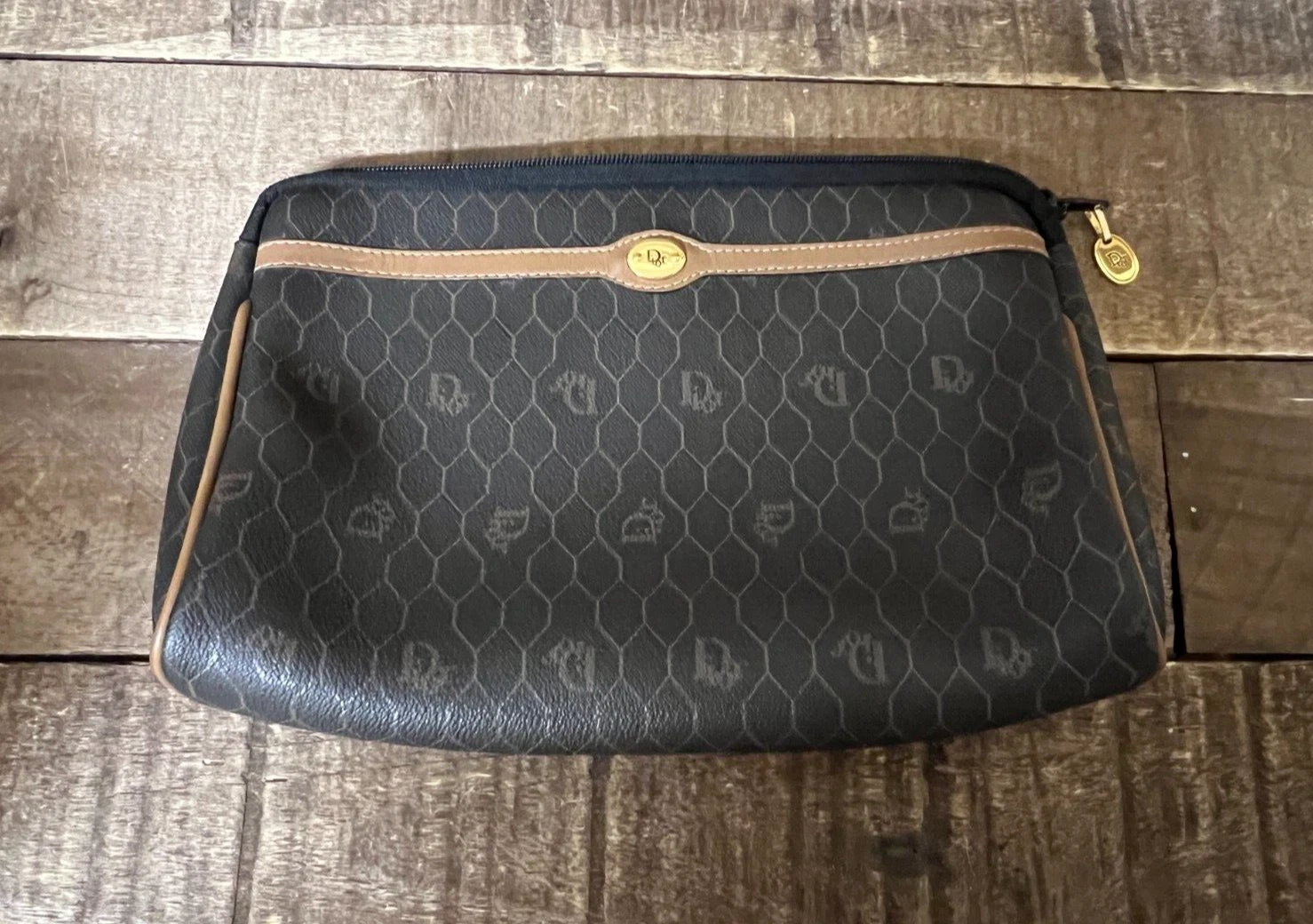 ⚡️Christian Dior logo nid d'abeille pochette sac à main fourre tout cuir marron ⚡️