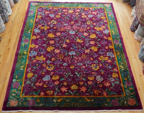 Antique 1920 Art Deco Chinese Hand Knotted Wool Floral Oriental Rug 9' x 11'7" - Picture 9 of 19