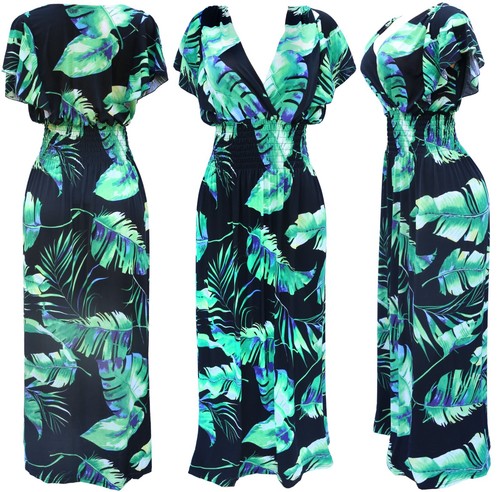 Women's Butterfly Sleeve Hawaiian Smocked Summer Sundress Long Dress - Picture 2 of 5