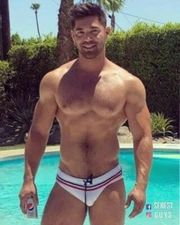 50% Off Sale! Men's Designer White with Navy/Red Accent Swimwear exterior tie.