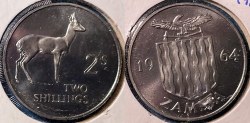Zambia 1964 2 Shillings Reedbuck KM-3 Nickel brass 5K minted BUNC Proof #10
