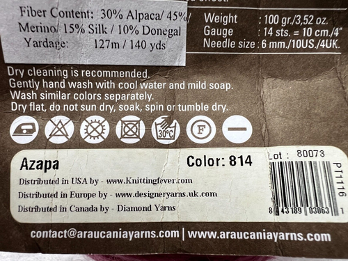 Araucania Yarn "Azapa" - Alpaca Merino Silk with specks of Donegal -Discontinued - Picture 6 of 6