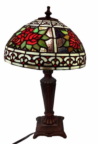 Vintage   Meyda Tiffany Stained Glass Metal Base 17” Tall Floral Red Roses Lamp - Picture 1 of 13