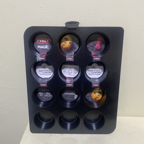 Pyrex Magic 12 Cup Bun Muffin Tray - Fairy Cake Non Stick Black 6cm Diameter - Picture 2 of 5