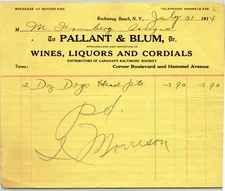 Pallant & Blum Wines Liquors Cordials Lanahan's Whiskey 1914 Letterhead 