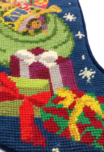 Christmas Needlepoint Stocking Santa Tree Presents Toys Gifts Blue Velvet Back - Picture 4 of 14
