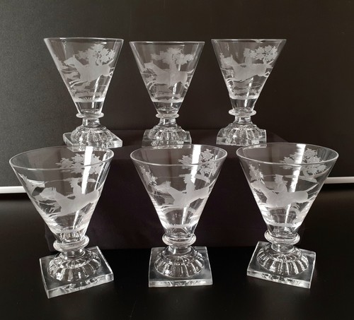 Rare Set of 6 Antique Georgian Etched Rummer Glasses ~ Huntsman & Hounds Hunting