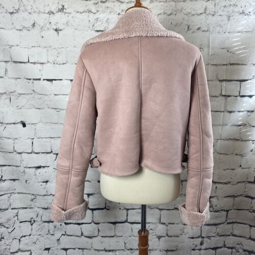 Bershka Jacket Womens Large Faux Leather Moto Biker Pink Collared Sherpa Lined - Picture 3 of 10