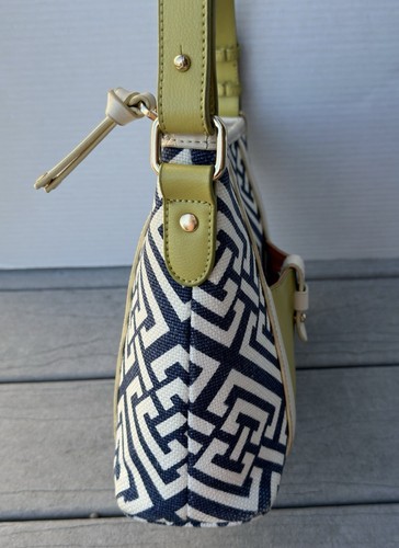 Spartina 449 Linen Canvas Leather Handbag Purse Tote Bag Blue Green White - Picture 4 of 13