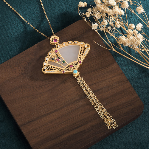 Jade Crystal Pendant Necklace Charm 18K Gold Plated Chain Cloisonne Fan Gemstone - Picture 6 of 7