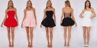 UK Women Sexy Strapless Ruched Puffball Bandeau Bodycon Party Skater Mini Dress